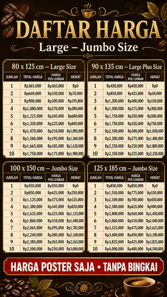 Daftar harga dan ukuran poster kopi Large To Jumbo Size