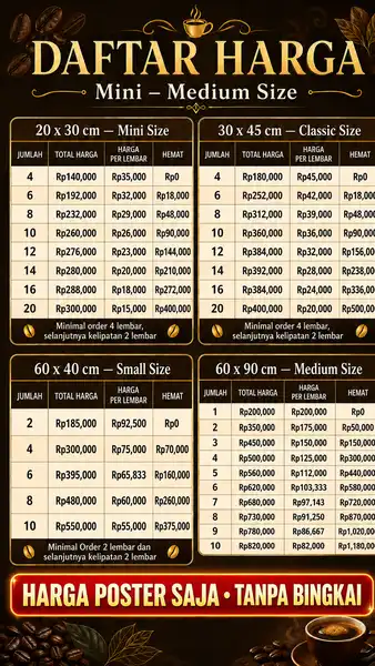 Daftar harga dan ukuran poster kopi Mini To Medium Size